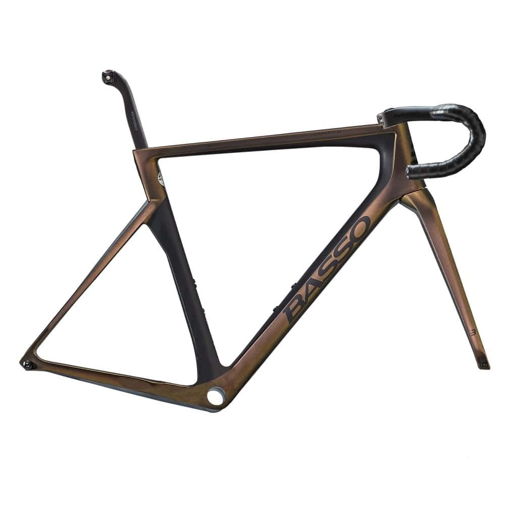 Basso Diamante SV road frameset with aerodynamic design and disc brake mounts, shown in a sleek, lightweight bicycle component image.