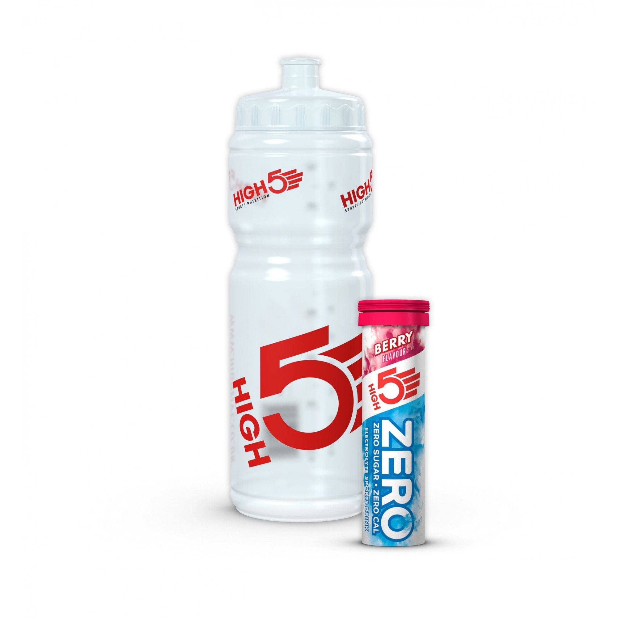 High5 750ml drinks bottle with berry-flavored electrolyte tabs, showing the bottle filled with liquid and tabs nearby.