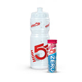 High5 750ml drinks bottle with berry-flavored electrolyte tabs, showing the bottle filled with liquid and tabs nearby.