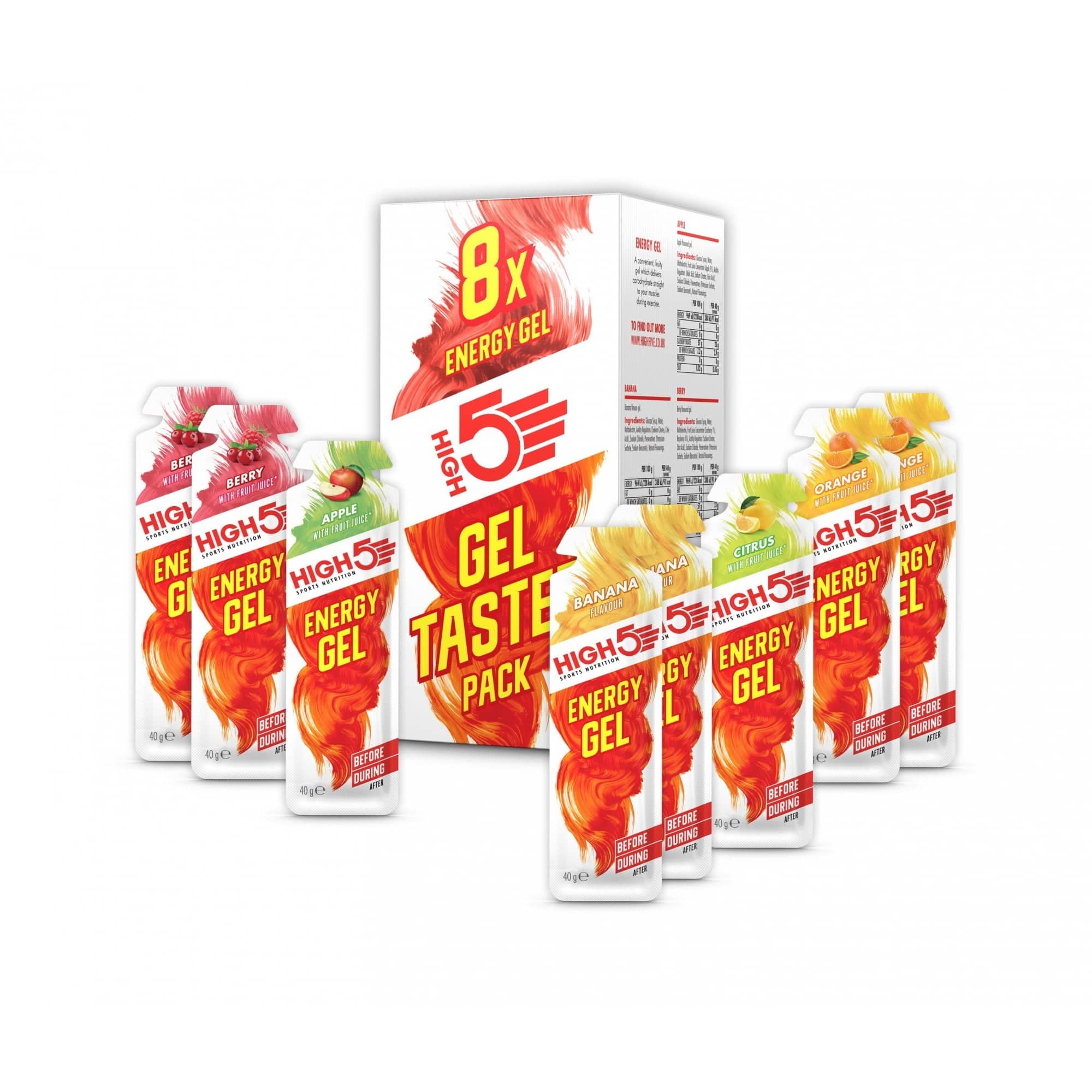 High5 Gel Taster Pack with caffeine-free energy gels for workout fueling, shown in assorted small sachets.