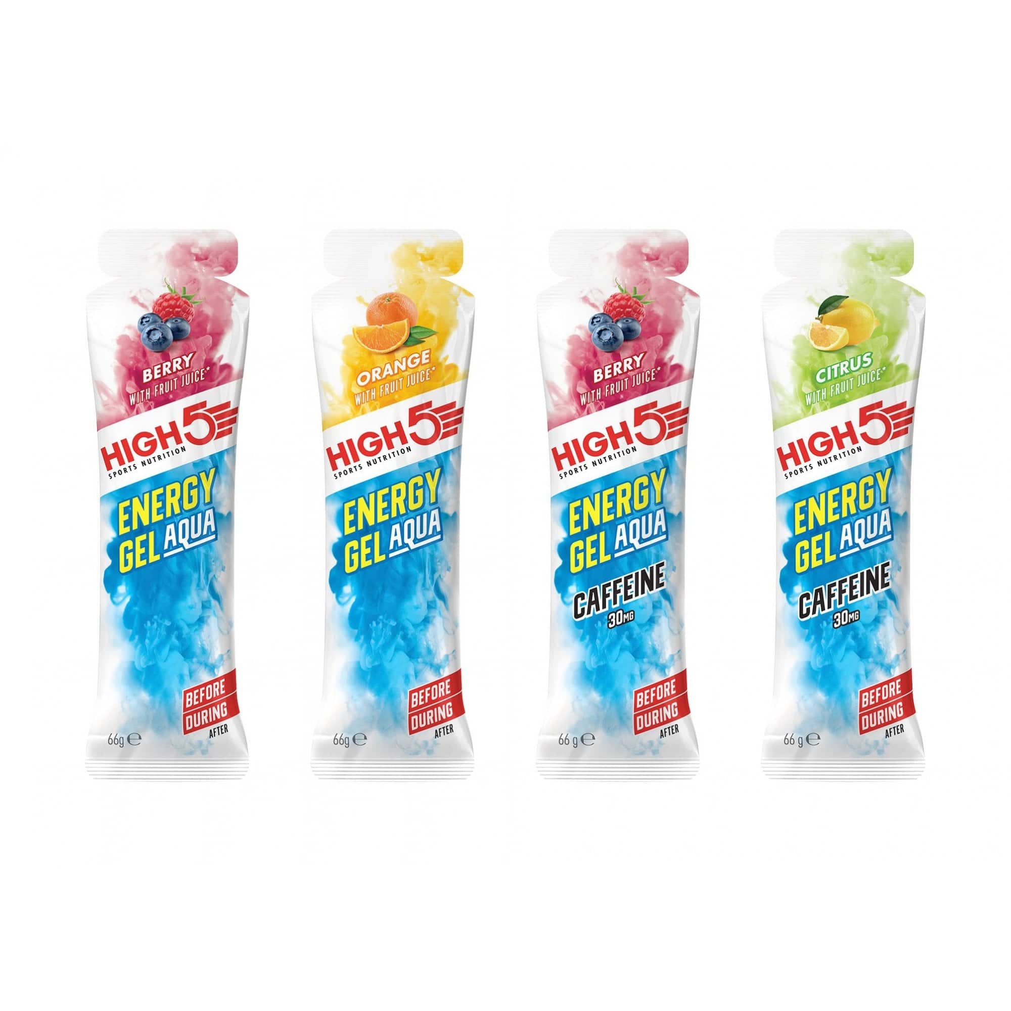 High5 Energy Gel Aqua Mixed Flavour Pack with Caffeine, 15 sachets, showing colorful sachets of sports energy gel.