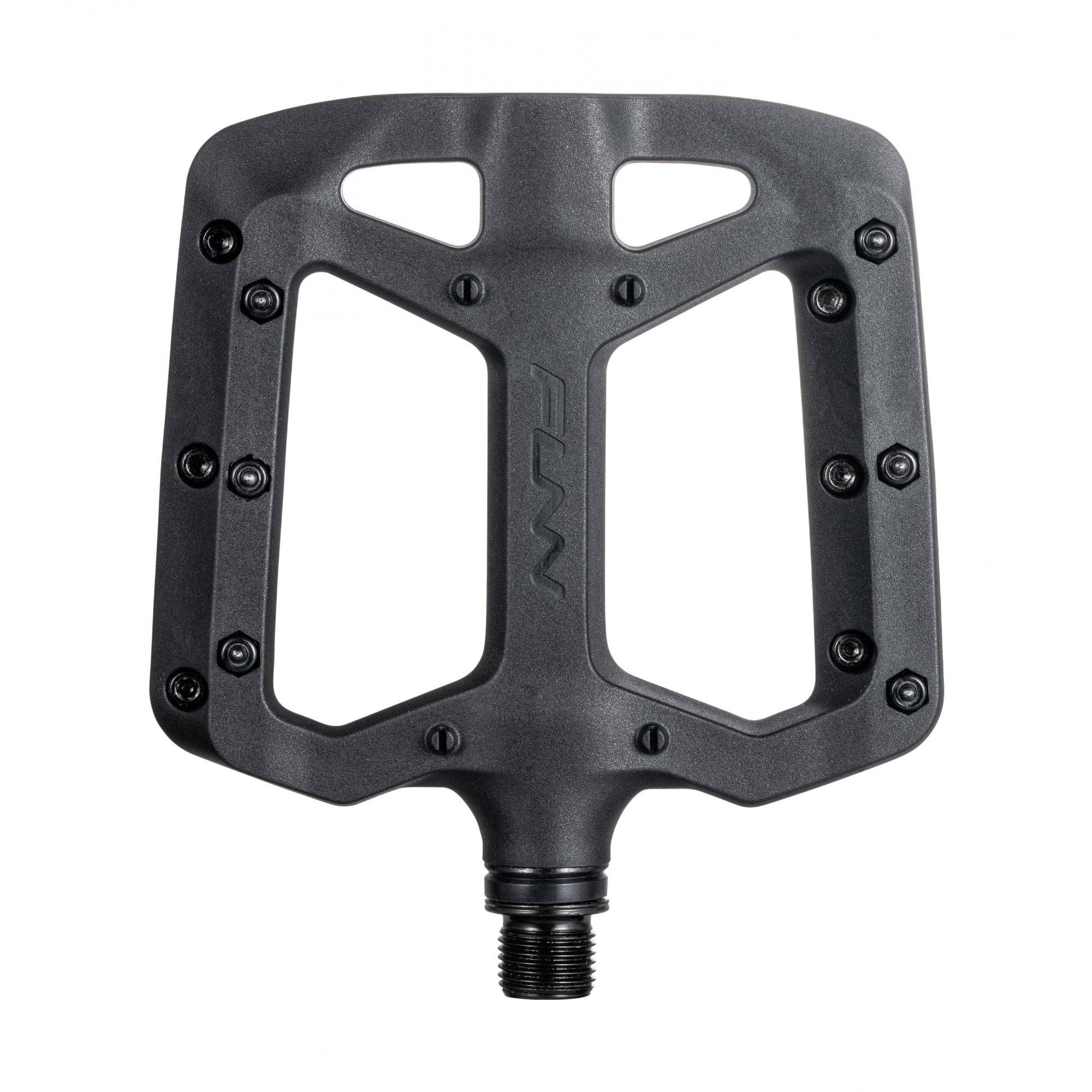 Funn Taipan MTB flat pedals with glass fiber reinforced plastic body and replaceable pins, designed for mountain biking.