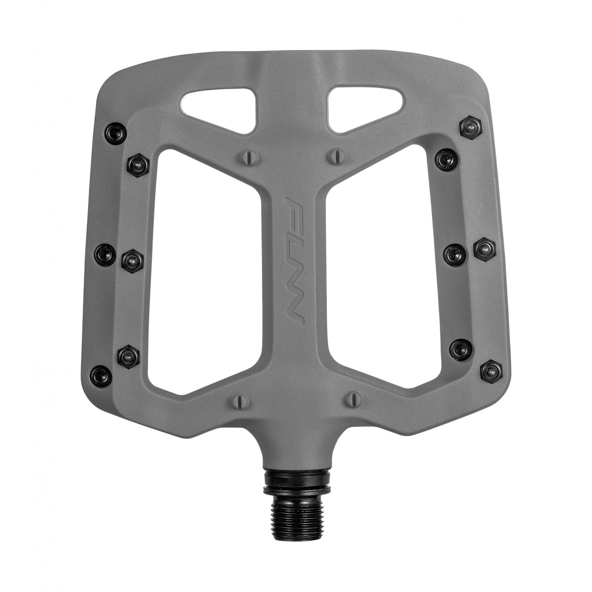Funn Taipan MTB flat pedals with glass fiber reinforced plastic body and replaceable pins for durable mountain biking components.