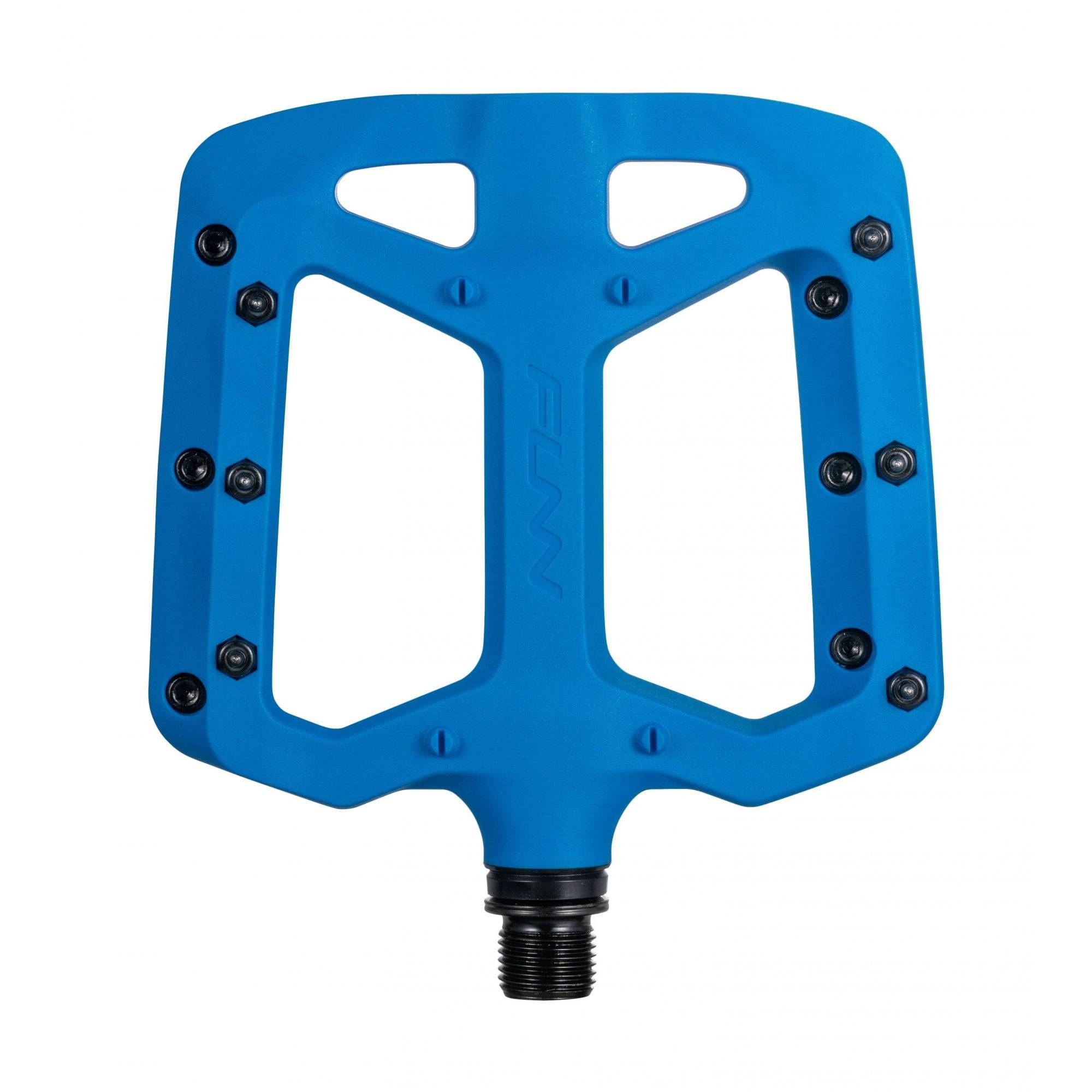 Funn Taipan MTB flat pedals with glass fiber reinforced plastic body and replaceable pins for durable mountain biking performance.