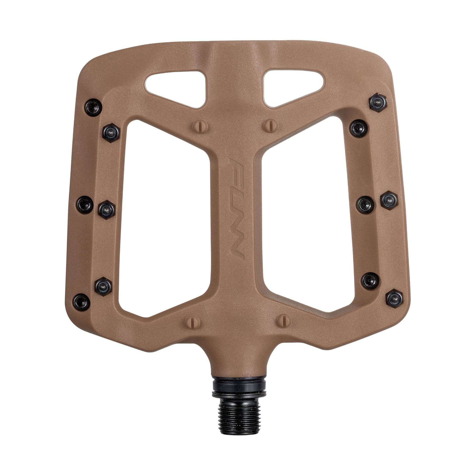 Funn Taipan MTB flat pedals with glass fiber reinforced plastic body and replaceable pins for durable mountain biking components.