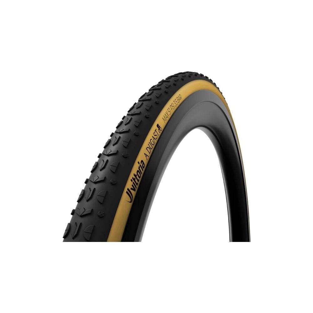 Dugast Typhoon 33-28" tubular cyclocross tire with XL ribbon tread and neoprene Flying Doctor component for cycling performance.