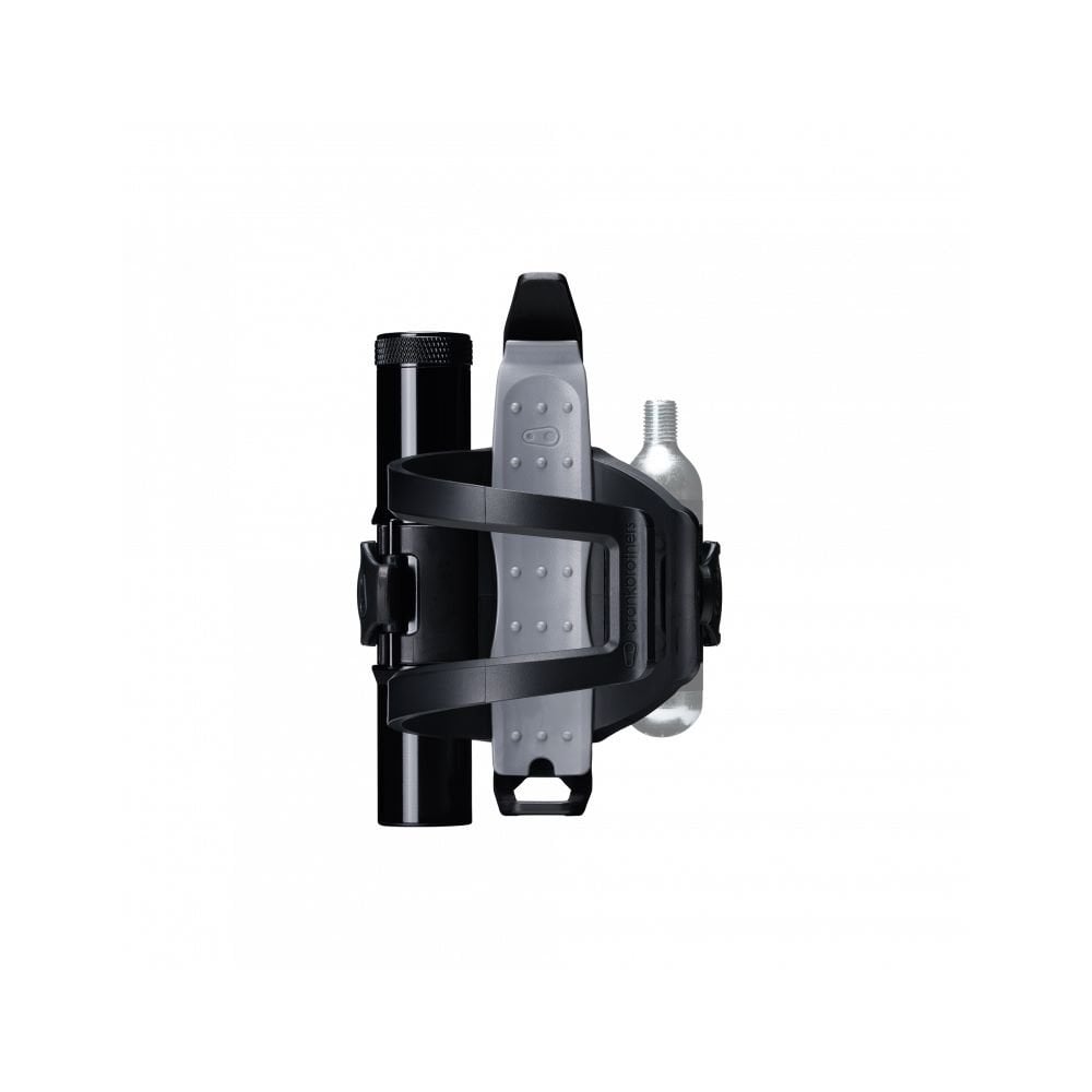 Crankbrothers BC18 SOS bottle cage tool kit with multi-tool in black and silver for bicycle maintenance and repair.