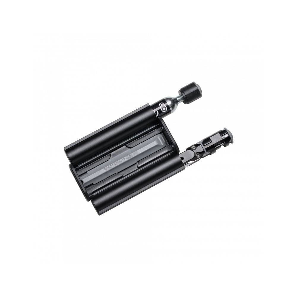 Crankbrothers TT17 SOS twin tube bike tool kit with CO2 storage in black and silver, suitable for bike repairs and maintenance.