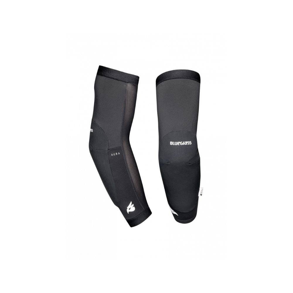 Bluegrass Aura Core Level 1 mountain bike elbow pads with Triple-Flex SAS-TEC protection, showing blue padded armor for cycling safety.