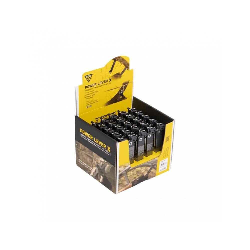Topeak Power Lever X bike tool set with 25 pieces, including master link pliers and valve tool, for bike workshop maintenance.