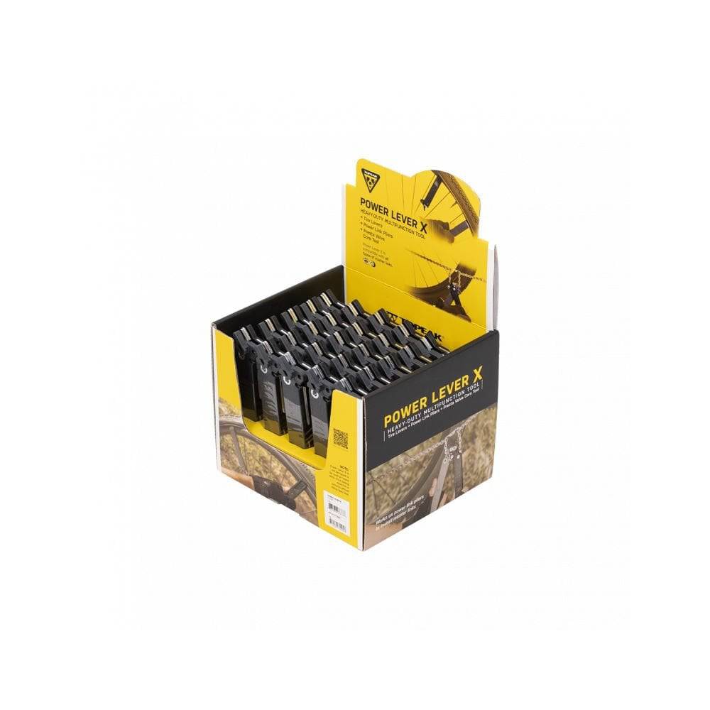 Topeak Power Lever X bike tool set with master link pliers and valve tool, workshop essentials in a display box, 25-piece set.