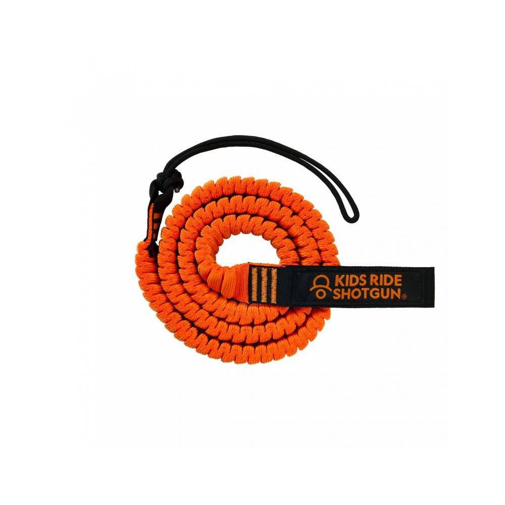 Kids Ride Shotgun MTB tow rope in orange with shock-absorbing stretch and stem loop, designed for kids' bike riding accessories.