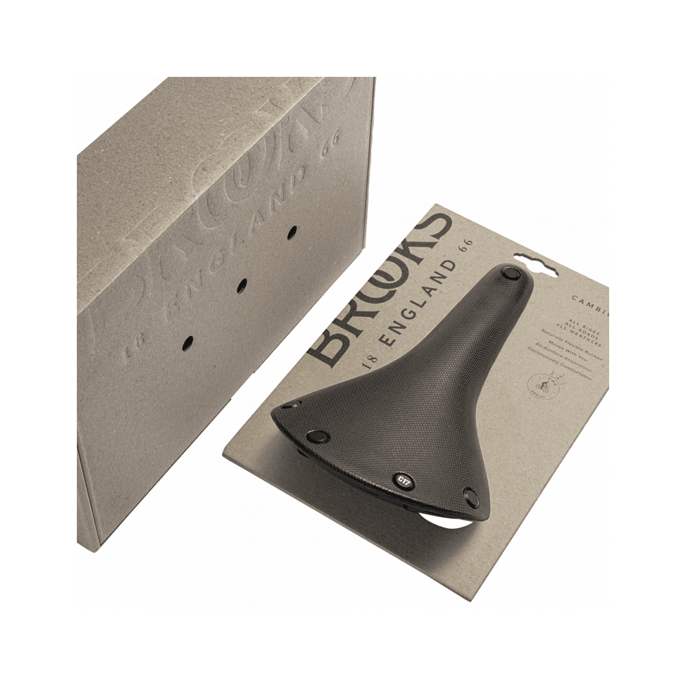 Brooks C17 Cambium all-weather bike saddle showing waterproof, durable design with comfortable padding for cycling.