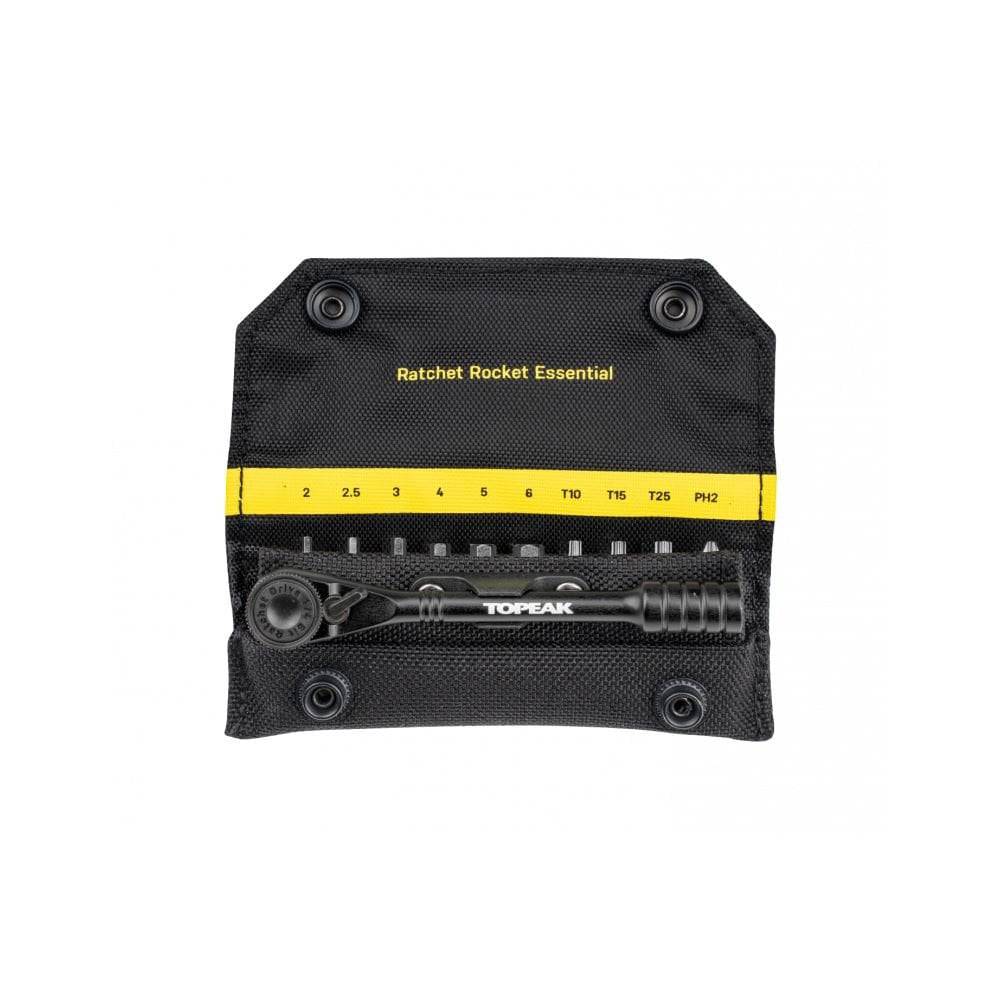 Topeak Ratchet Rocket Essential black bike multi-tool with 10 hardened steel bits, compact workshop tool for bike repairs.