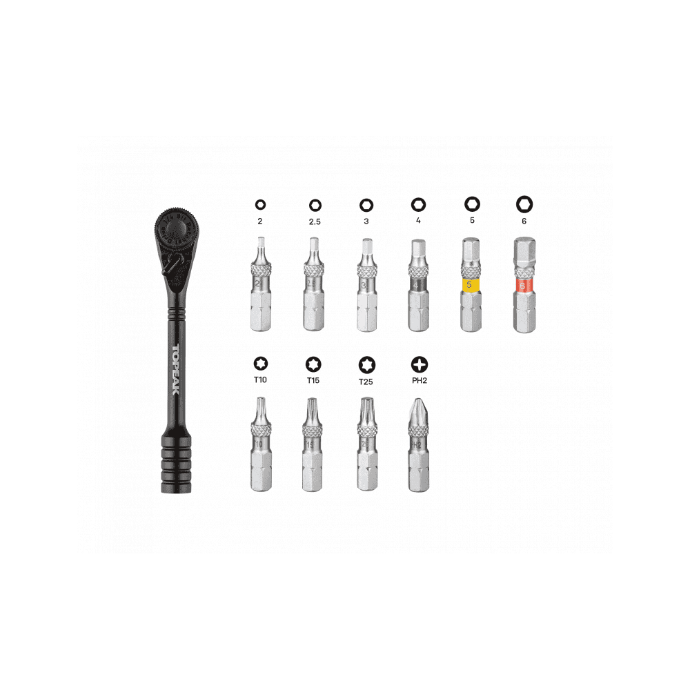 Topeak Ratchet Rocket Essential black bike multi-tool with 10 hardened steel bits, compact workshop repair kit.