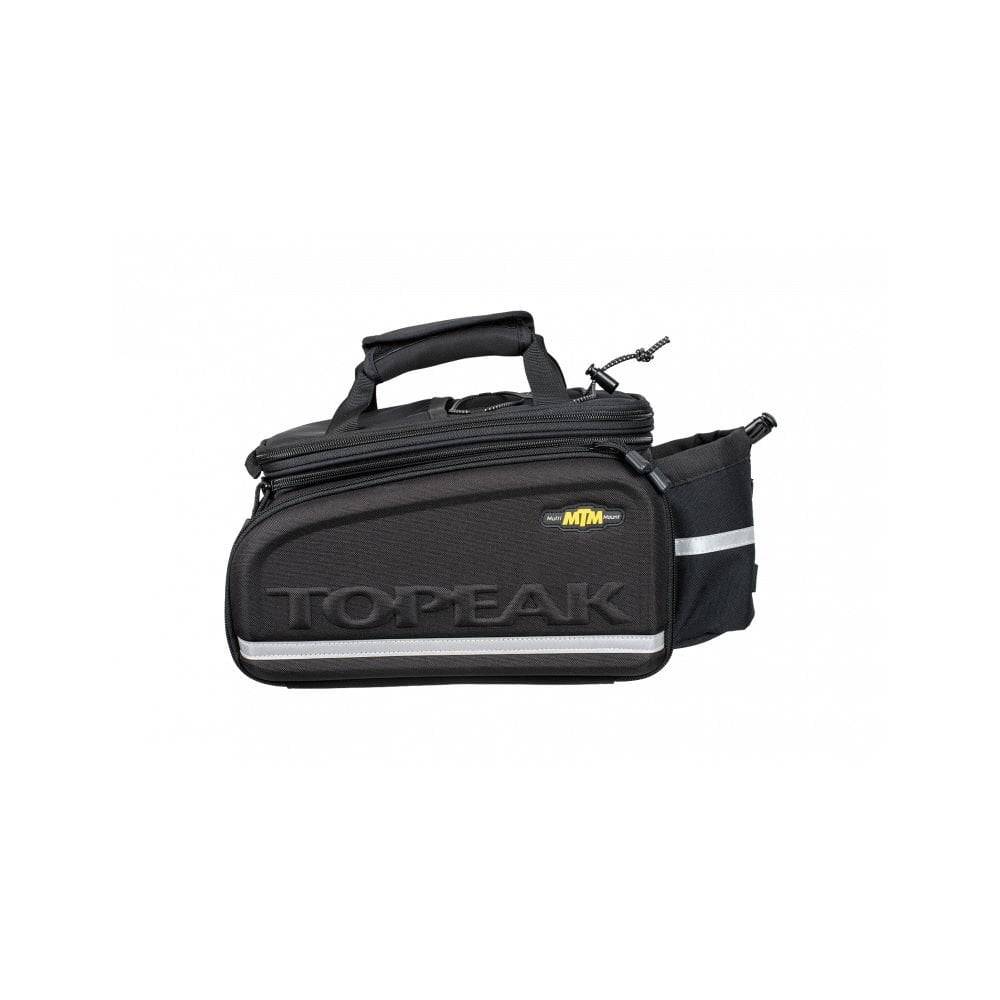 Topeak MTM TrunkBag DXP black bike rack bag with water bottle holder, weather-resistant and expandable for cycling accessories.