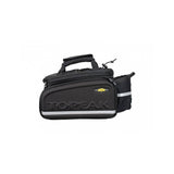 Topeak MTM TrunkBag DXP black bike rack bag with water bottle holder, weather-resistant and expandable for cycling accessories.