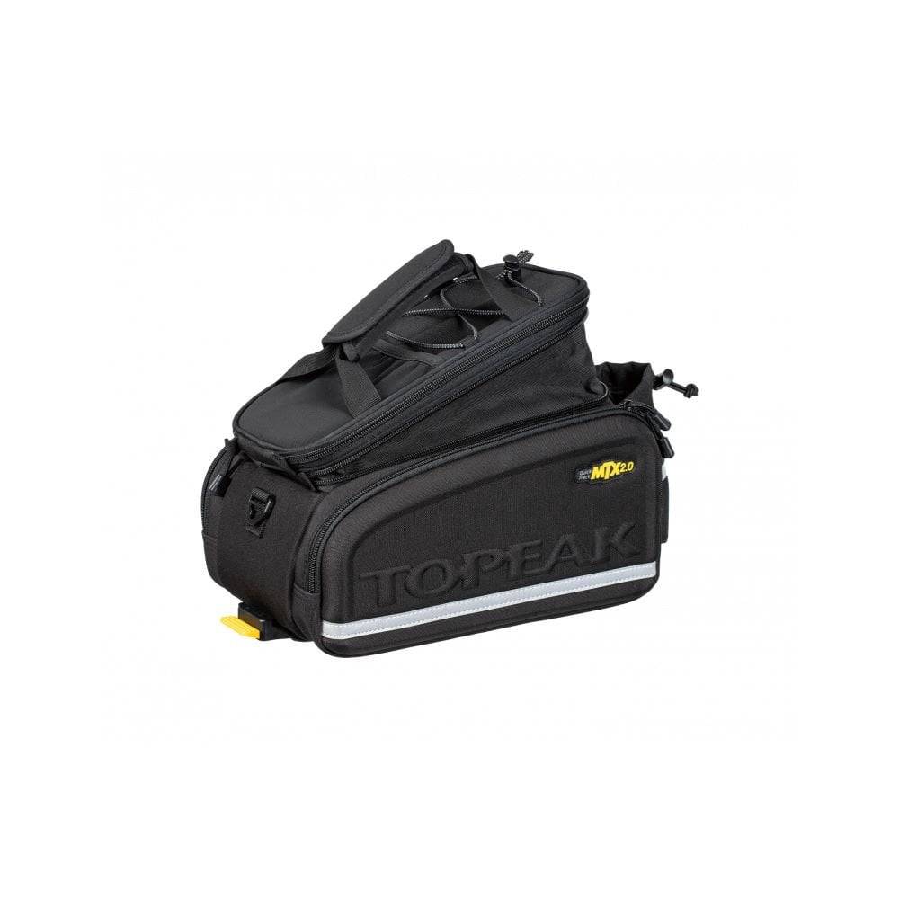 Topeak MTX TrunkBag DX 2.0 black bike rack bag with multiple compartments and reflective safety features.