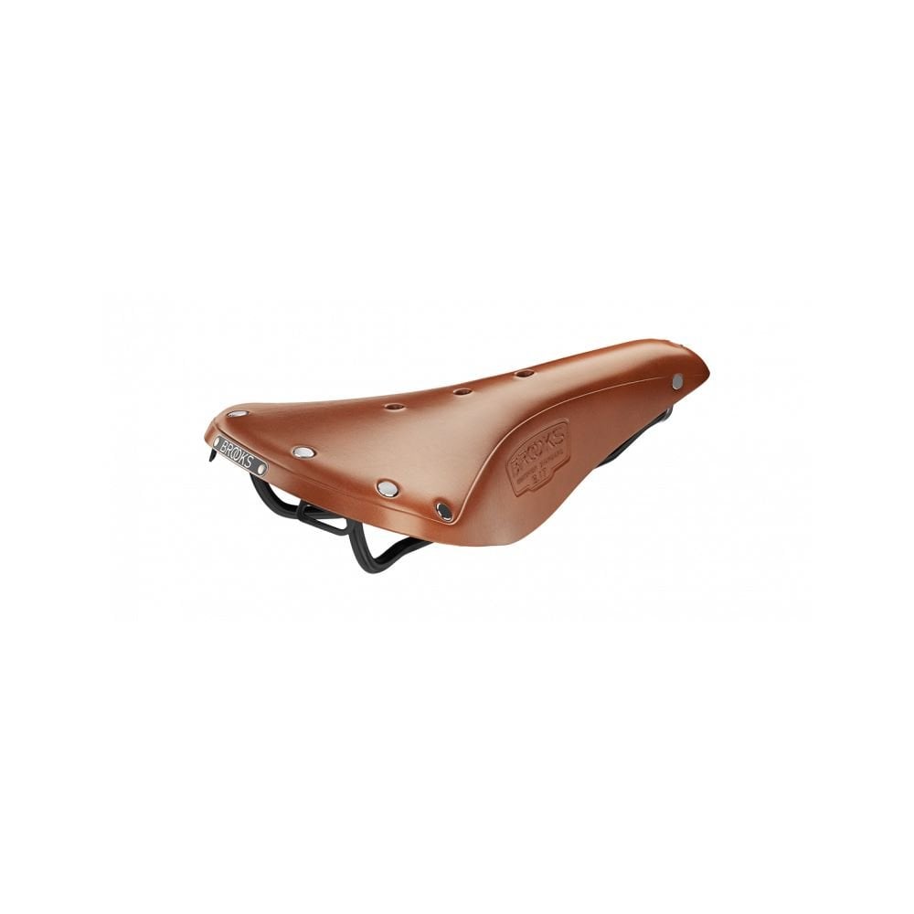 Brooks B17 leather bike saddle with black steel rails, designed for long-distance cycling comfort and durability.