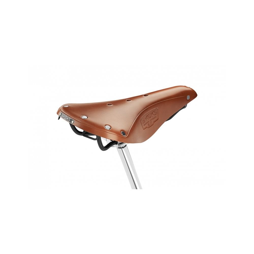 Brooks B17 leather bike saddle with black steel rails, designed for long-distance cycling comfort.