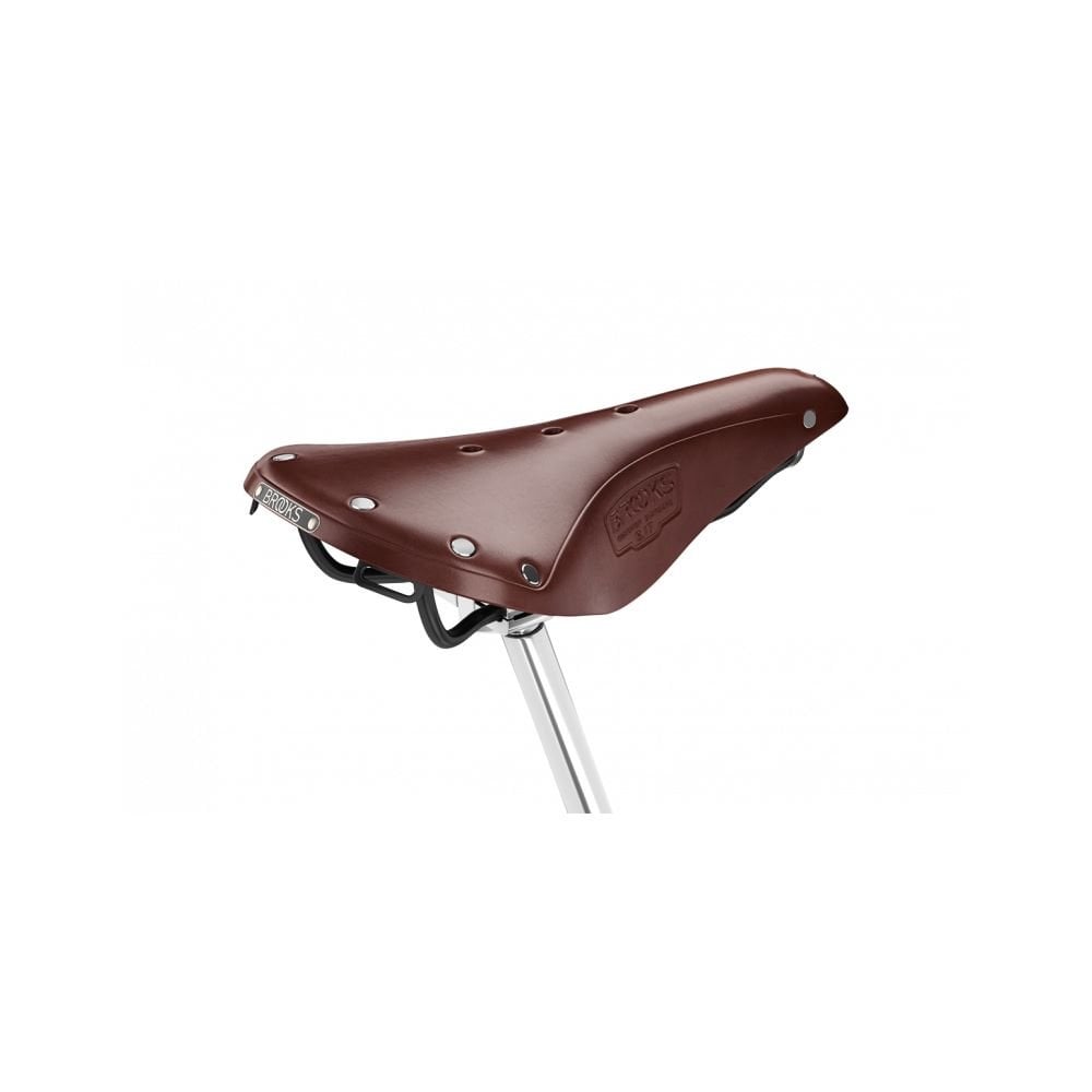 Brooks B17 leather bike saddle with black steel rails, designed for long-distance cycling comfort and durability.