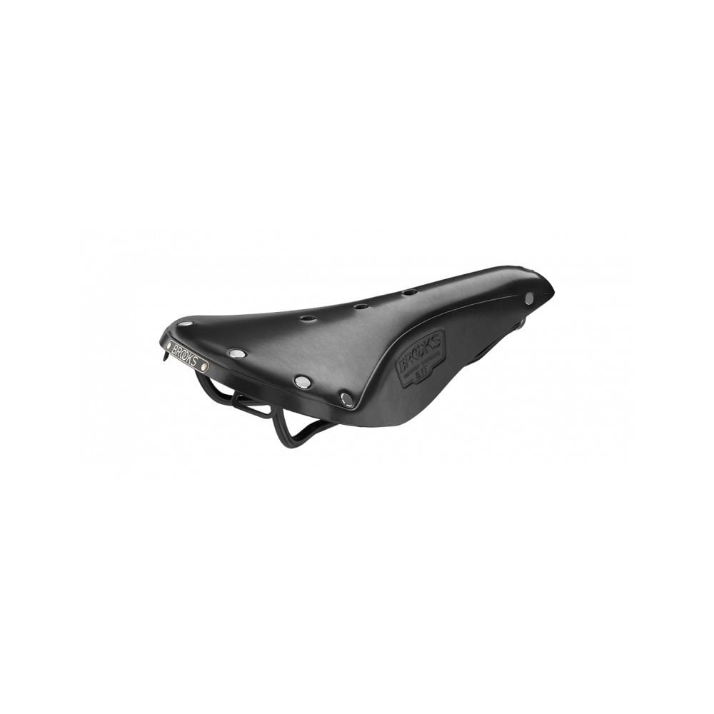 Brooks B17 leather bike saddle with black steel rails, designed for long-distance comfort on cycling components
