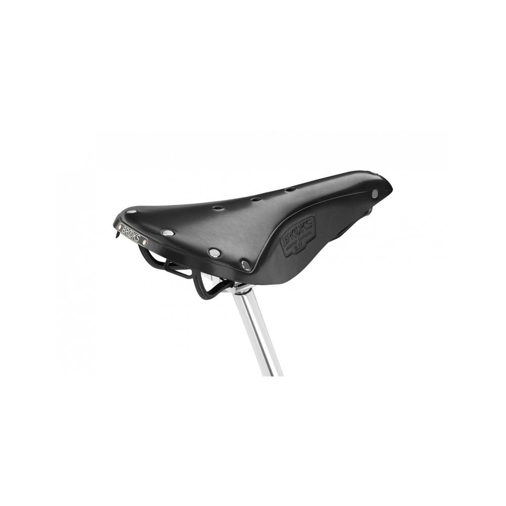 Brooks B17 leather bike saddle with black steel rails, designed for long-distance cycling comfort and durable component performance.