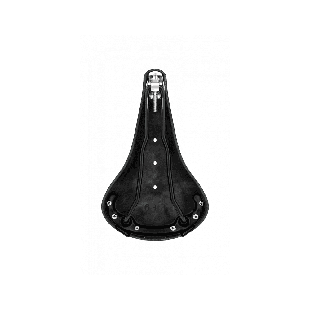 Brooks B17 leather bike saddle with black steel rails, designed for long-distance cycling comfort, shown from a side view.