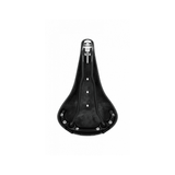 Brooks B17 leather bike saddle with black steel rails, designed for long-distance cycling comfort, shown from a side view.