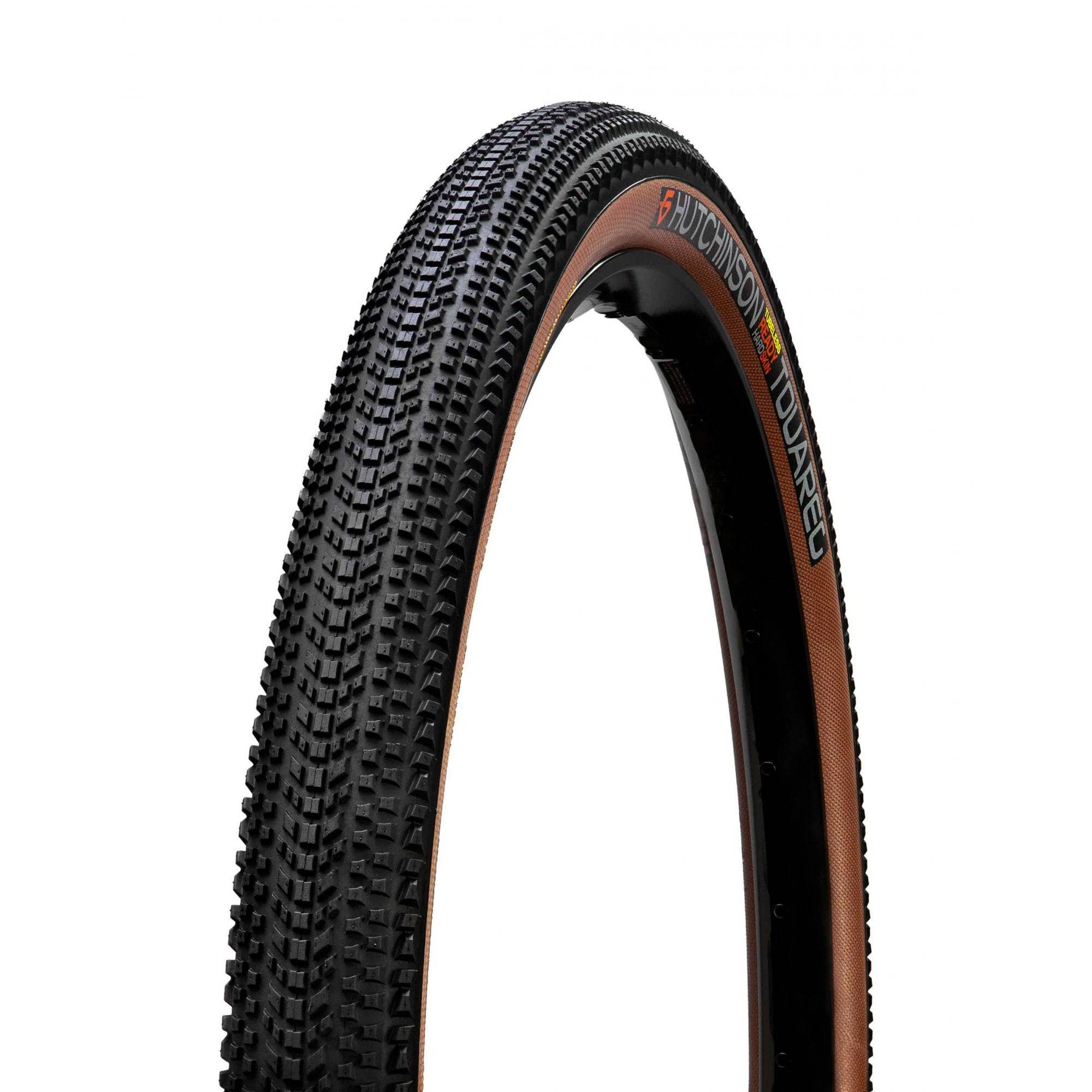 Hutchinson Touareg FR Gravel tyre 700x50 with tan wall, tubeless ready, suitable for gravel bikes, showing tread pattern and sidewall.