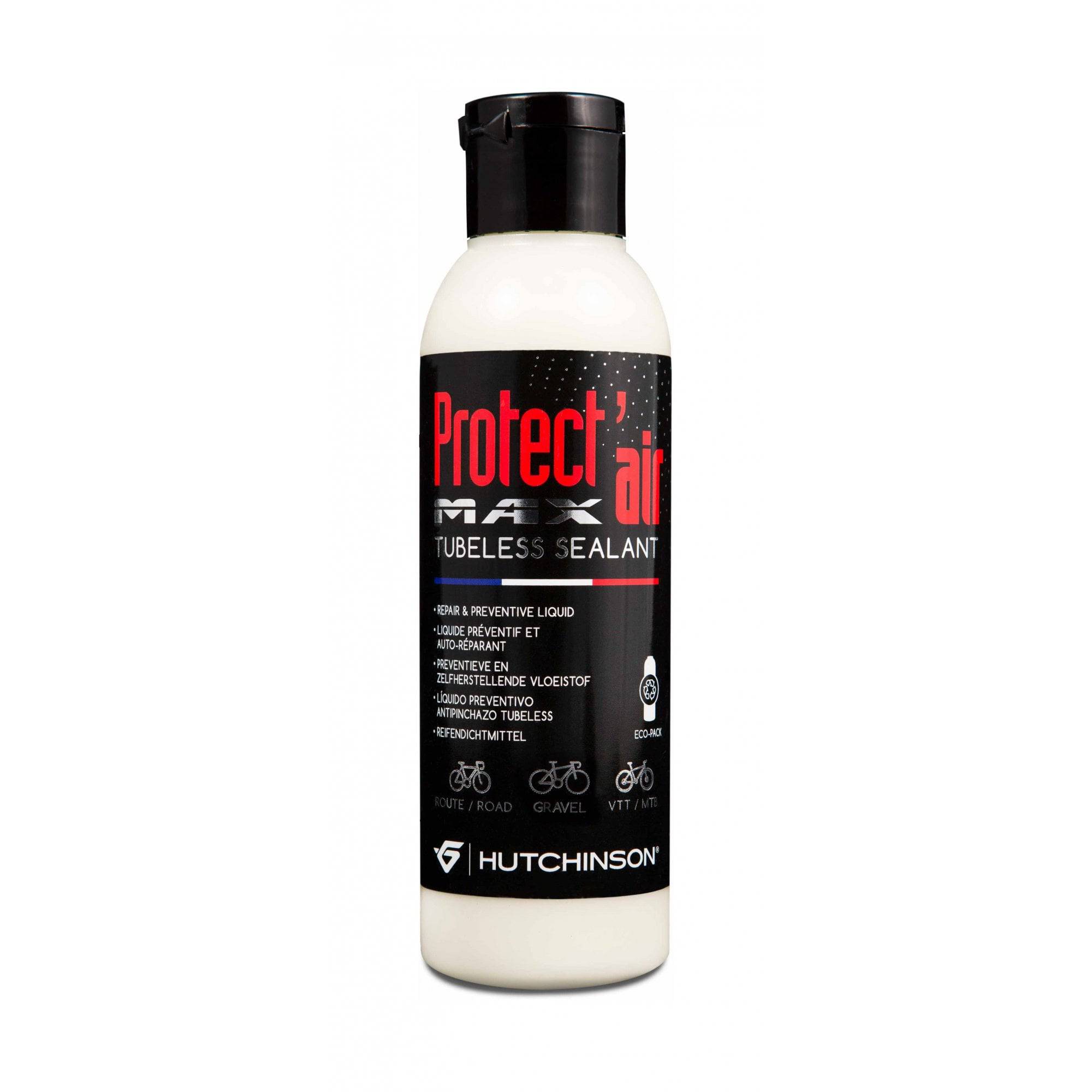 Hutchinson Protect'Air Max 2023 tubeless latex tyre sealant for road and MTB bikes, shown in a clear container.