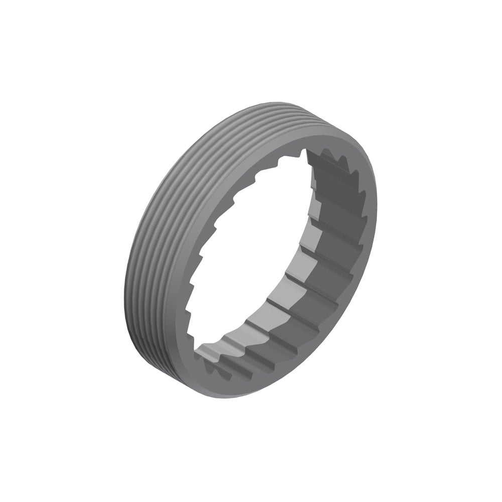 DT Swiss M35 x 1 mm external screw thread ring nut for hybrid pawl hubs, steel component, close-up view.