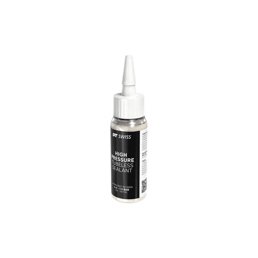 DT Swiss High Pressure Road Tyre Sealant 60 ml for puncture repair, shown in a clear container with branding and application details.