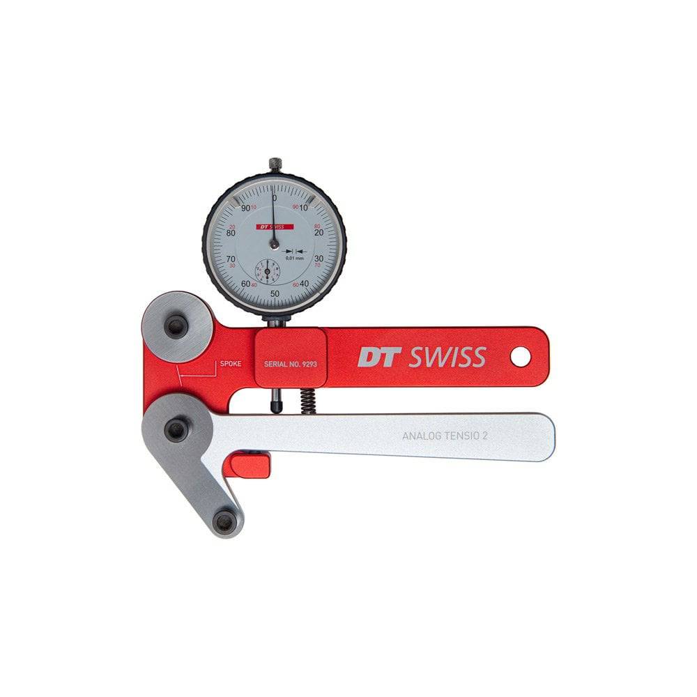 DT Swiss Proline Analogue Tensiometer in red and silver for measuring spoke tension on bicycle wheels.