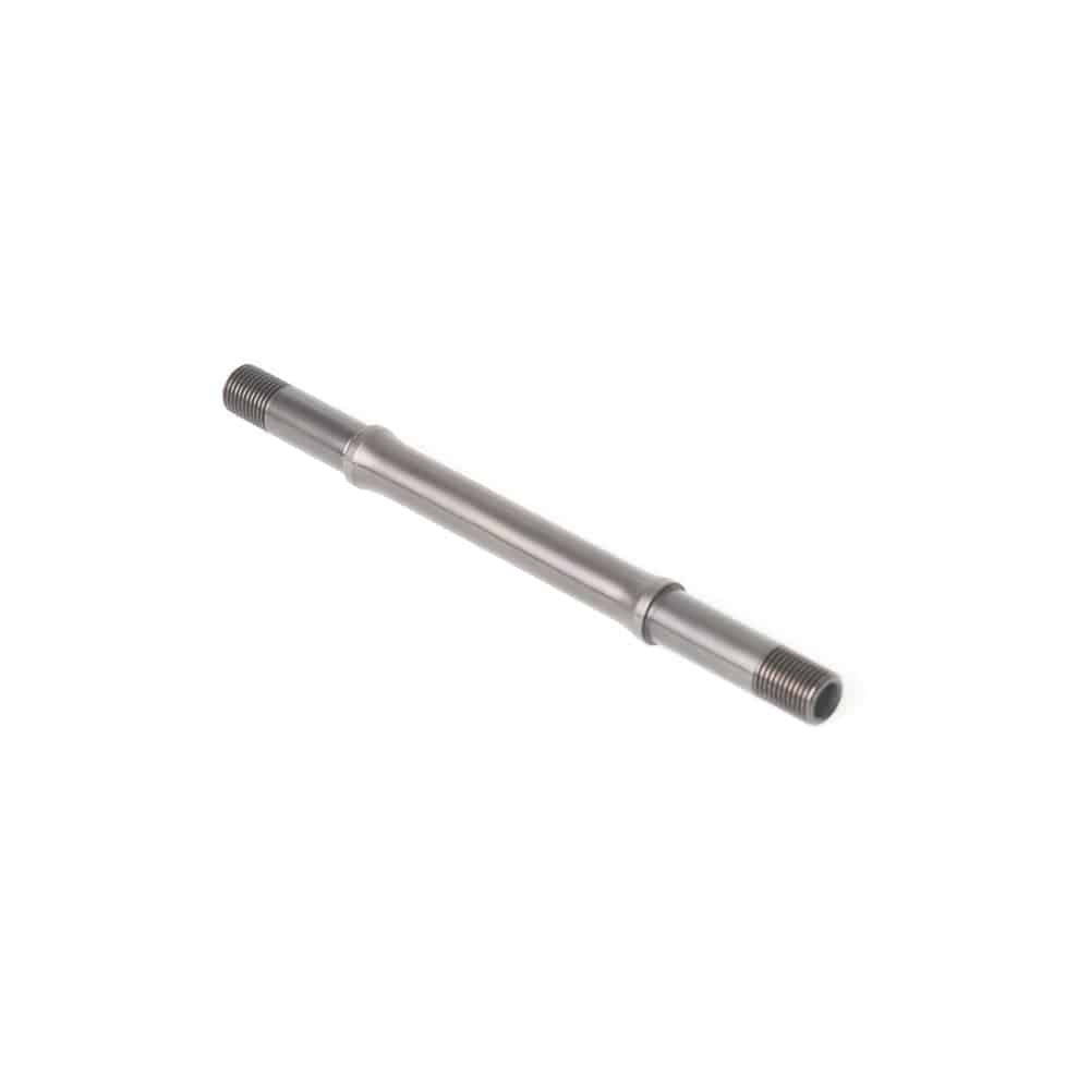 Steel rear axle for DT Swiss 10/46.6mm wheel hubs, 145mm length, replacement component for rear wheel assembly.