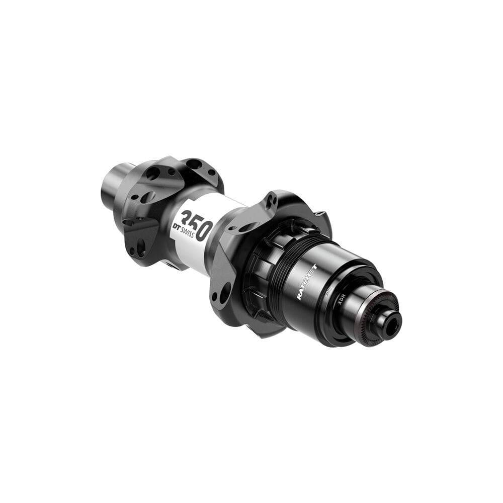 Black DT Swiss 350 straight pull rear hub with 130mm quick release, SRAM XDR, 24-hole, durable cycling component.