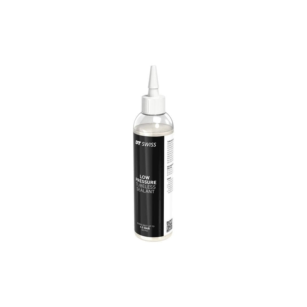 DT Swiss Low Pressure MTB and gravel tyre sealant 240 ml for puncture repair, shown in a clear image.