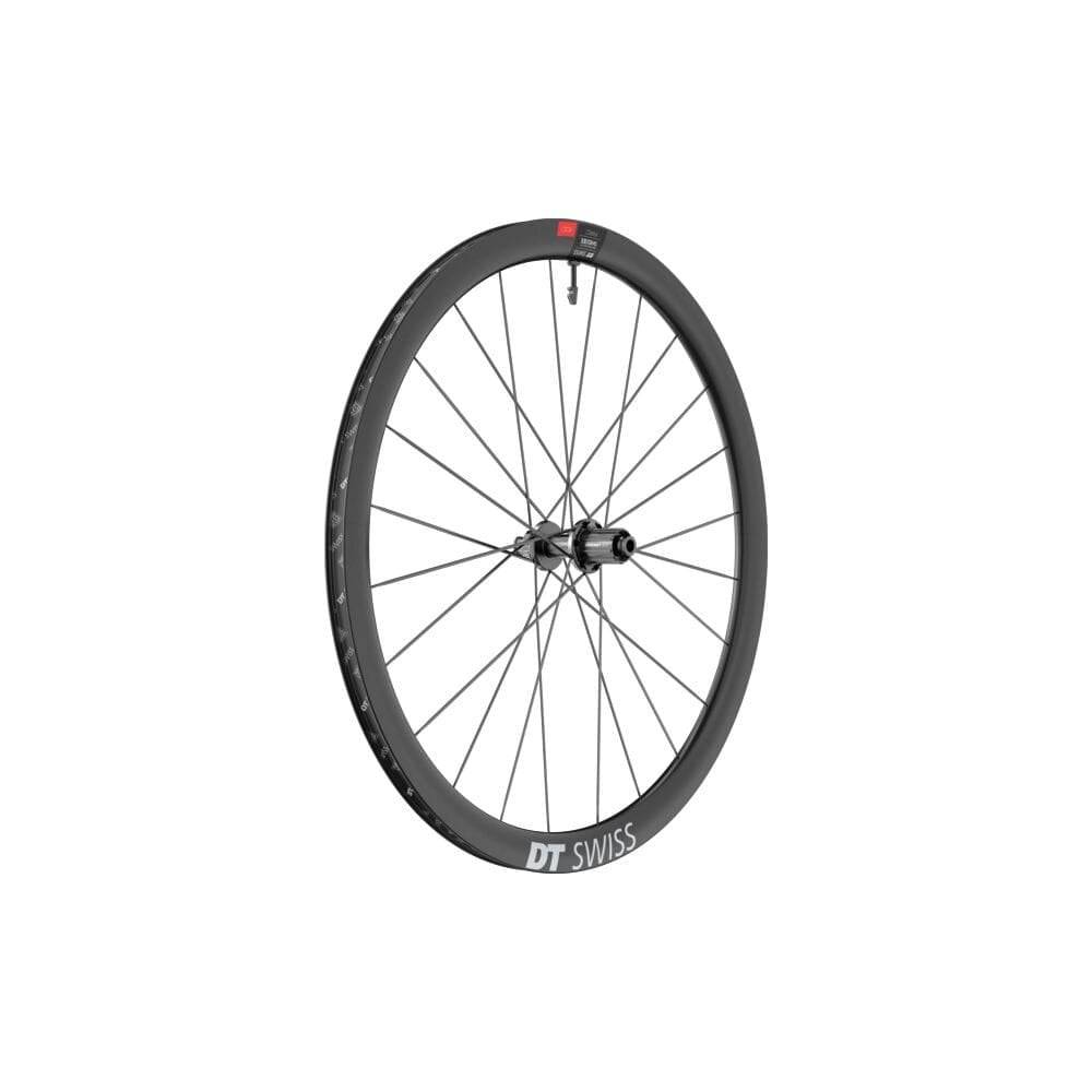 DT Swiss ARC 1100 DICUT rear carbon clincher wheel with 38x20mm rim, showcasing lightweight aerodynamic design for high-performance cycling.
