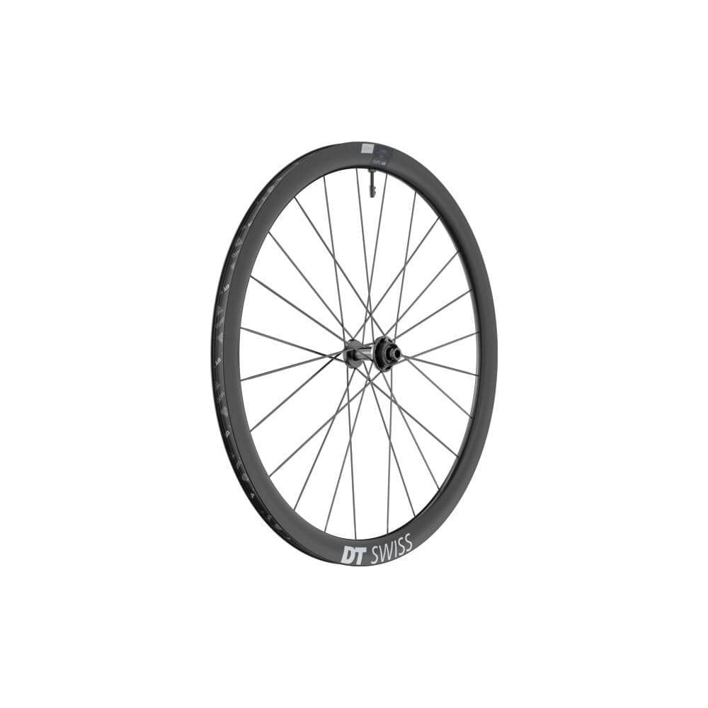 DT Swiss Arc 1400 Dicut road disc brake front wheel with tubeless-ready 25-28c tires, lightweight cycling component.