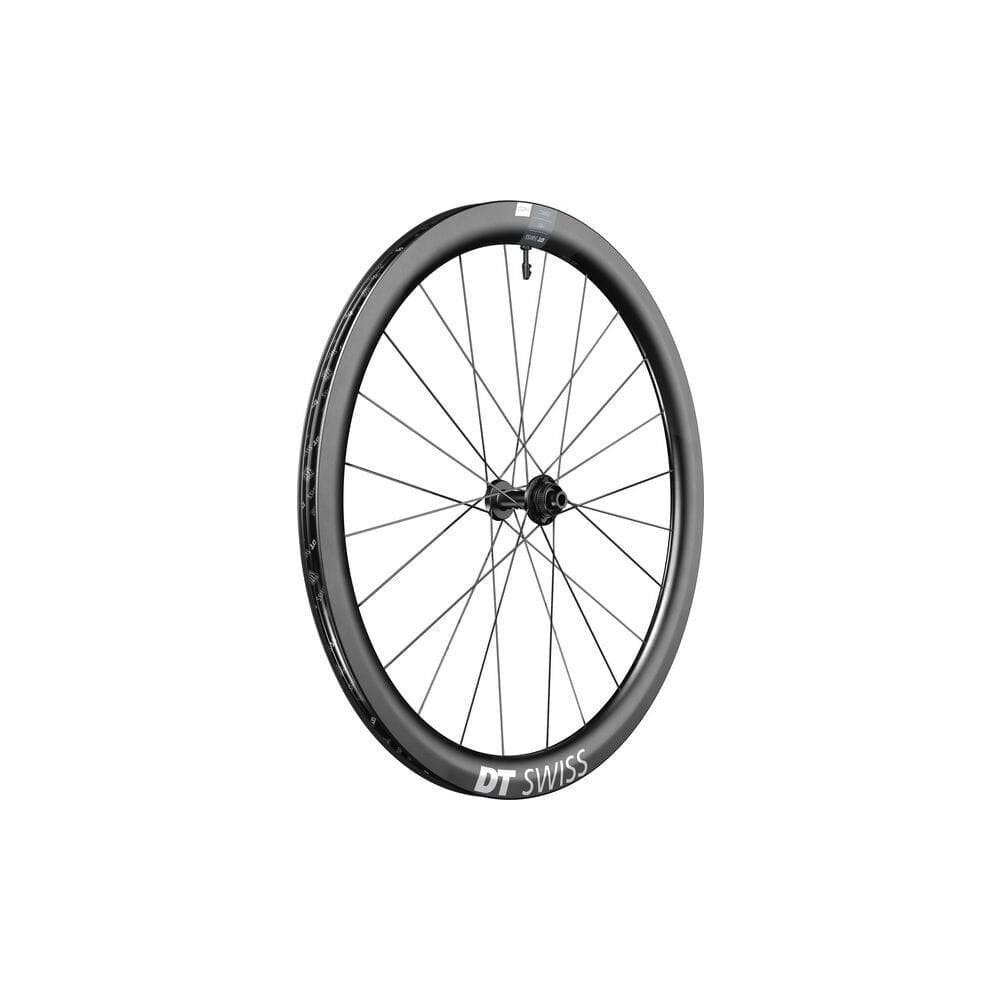 DT Swiss ERC 1400 DICUT carbon clincher front disc brake wheel with 45x22mm rim profile, aerodynamic carbon fiber design.