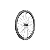 DT Swiss ERC 1400 DICUT carbon clincher front disc brake wheel with 45x22mm rim profile, aerodynamic carbon fiber design.