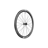 DT Swiss ERC 1400 DICUT carbon clincher front disc brake wheel with 45x22mm rim profile, aerodynamic carbon fiber design.