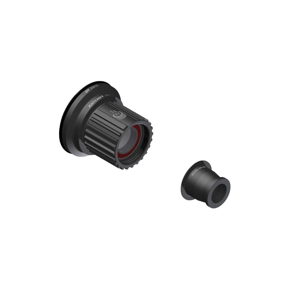 DT Swiss Ratchet DEG freehub conversion kit for Shimano Micro Spline 12mm hub, showing metal components and internal mechanisms.