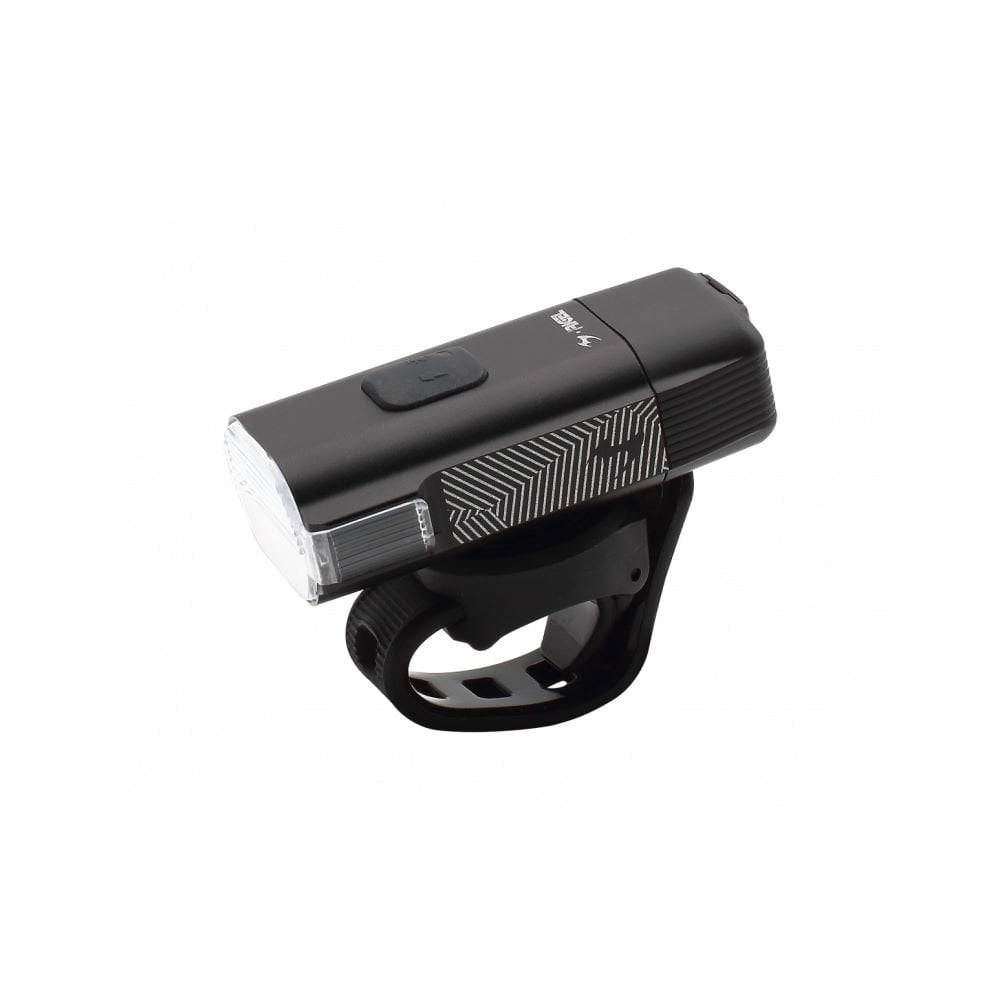 Moon Sport Rigel 700lm black front bike light with Garmin quick release mounted on a bicycle handlebar.