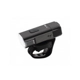 Moon Sport Rigel 700lm black front bike light with Garmin quick release mounted on a bicycle handlebar.