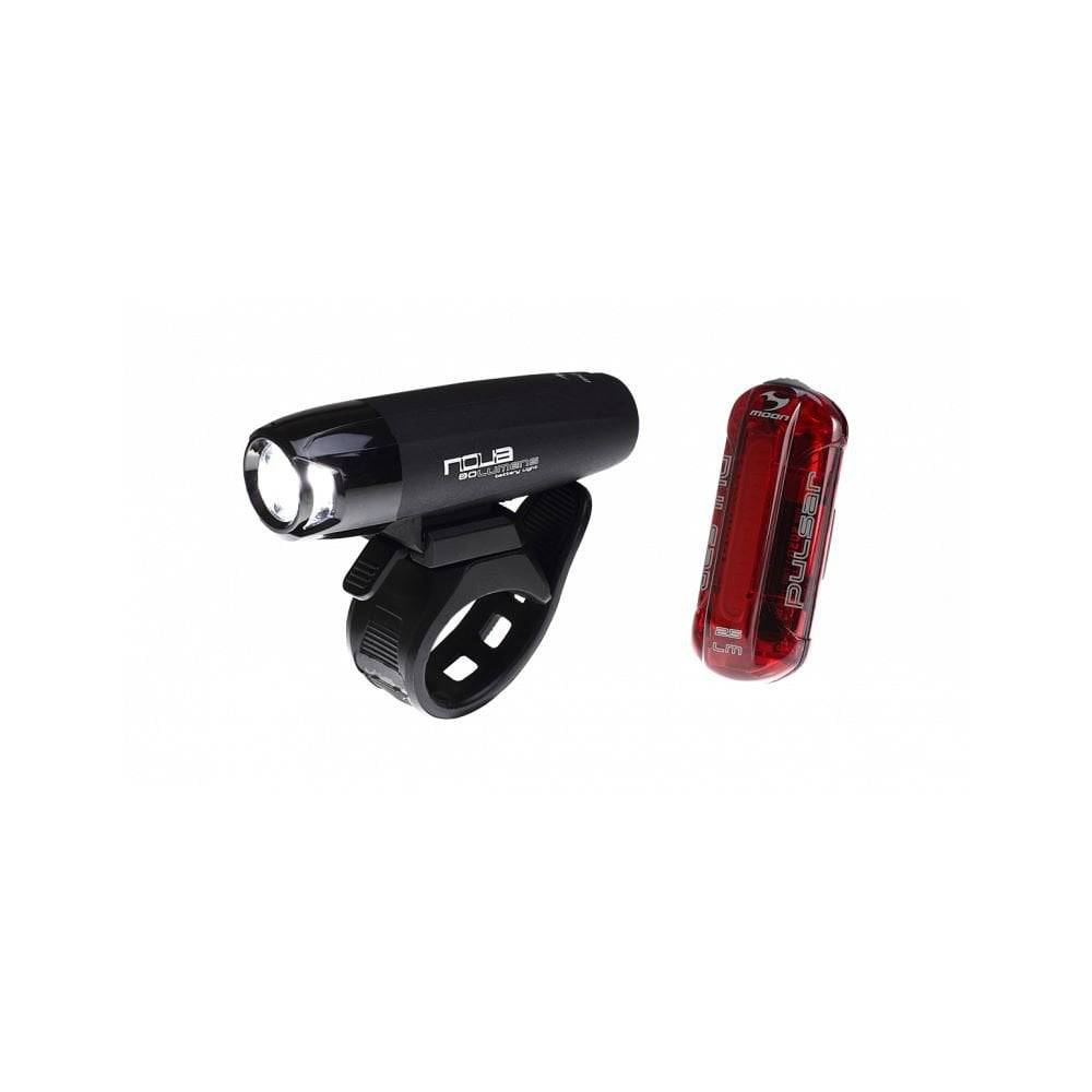 Moon Sport Nova and Pulsar bike light set with quick release brackets, featuring 100lm and 25lm LED lights for cycling safety.