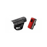 Moon Sport Rigel Lite 500lm front and Helix Lite 100lm rear bike light set in black, showing illuminated lights on a bicycle.