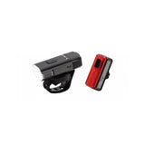 Moon Sport Rigel Lite 500lm front and Helix Lite 100lm rear bike light set in black, showing illuminated lights on a bicycle.