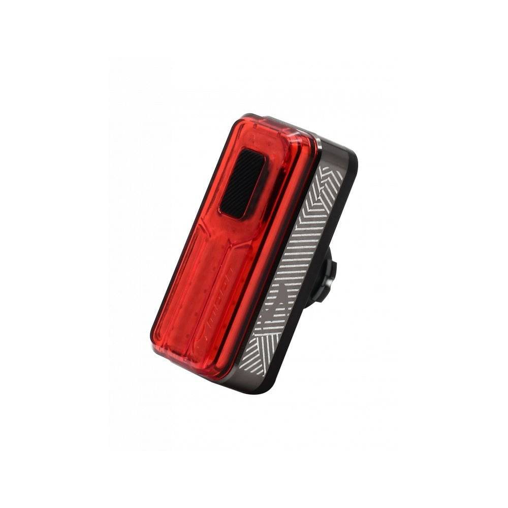 Moon Sport Helix Lite 100lm rear bike light in black showing USB-C charging port and IPX7 waterproof design.