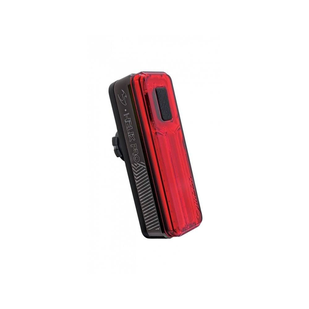 Moon Sport Helix Pro rear LED bike light in black with USB-C rechargeable design, 150 lumens, mounted on a bicycle.
